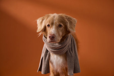 Retriever with scarf looking aside in warm studio lightの写真素材
