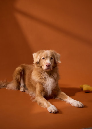 Dog lounging on studio floor next to yellow plush toy