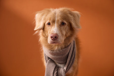 Retriever with scarf sitting calmly, head turned slightly