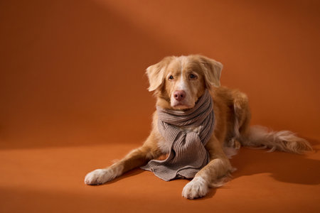 Retriever lying down with scarf in cozy indoor studioの写真素材