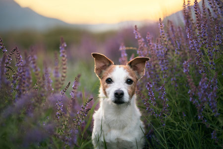 Terrier sitting in blooming field at duskの写真素材