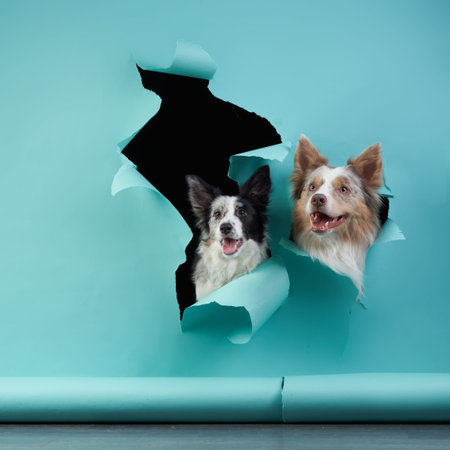 Border collies breaking through blue paperの写真素材