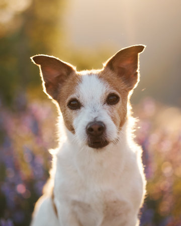 Terrier sitting straight in golden evening lightの写真素材