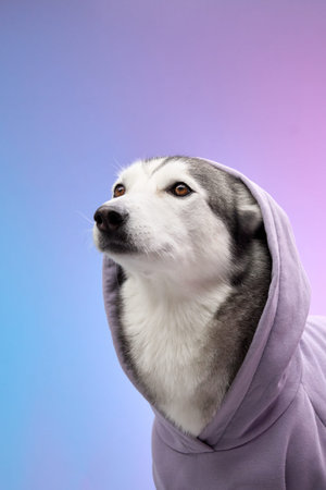 Husky in a hoodie against a vibrant gradient backdropの写真素材