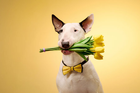Bull Terrier with tulips and a yellow themeの写真素材