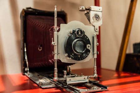 St. Petersburg, Russia - March 1, 2017: a vintage box photo camera Pony Premo No. 6 with a bellows in the Museum of the history of photographyのeditorial素材