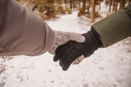The couple holds hands in mittens. Winter walk in the forest of friendsの写真素材