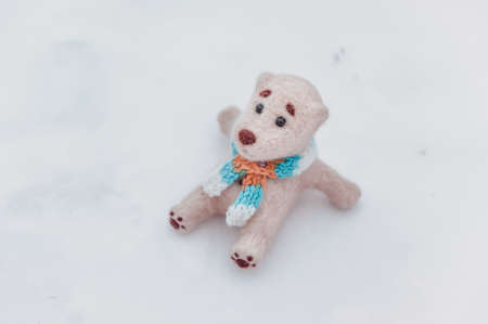 an isolated toy polar bear in a scarf sits on the white backgroundの写真素材