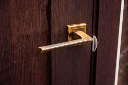 Push door handle made of copper close-up. Interior or entrance door design made of mahoganyの写真素材