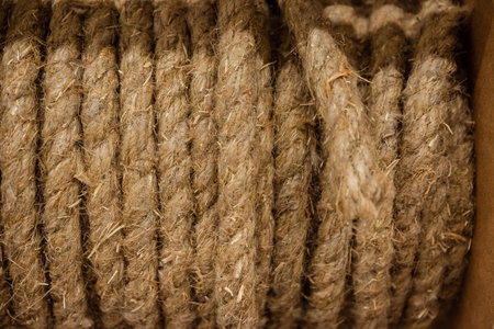 Hemp rope of a wire rope in a skein. Ð¡able made of plant material for constructionの写真素材