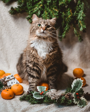 a big fluffy striped cat sits and waits on a Christmas white textured background with fir twigs, cones, holly leaves and berries, gifts and tangerinesの写真素材