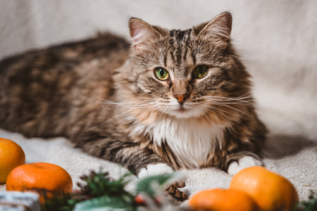 a fluffy striped cat lies on a Christmas white textured background with fir twigs, cones, holly leaves and berries, gifts and tangerinesの写真素材