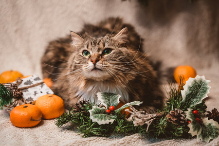 a serious big fluffy striped cat lies on a Christmas white textured background with fir twigs, cones, holly leaves and berries, gifts and tangerinesの写真素材