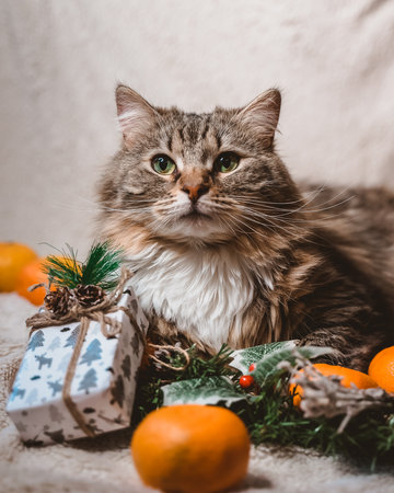 an earnest fluffy tabby cat lies on a Christmas white textured background with fir twigs, cones, holly leaves and berries, gifts and tangerinesの写真素材