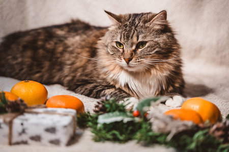 a kind fluffy tabby cat lies on a Christmas white textured background with fir twigs, cones, holly leaves and berries, gifts and tangerinesの写真素材