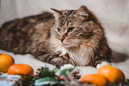 a cute fluffy tabby cat lies on a Christmas white textured background with fir twigs, cones, holly leaves and berries, gifts and tangerinesの写真素材