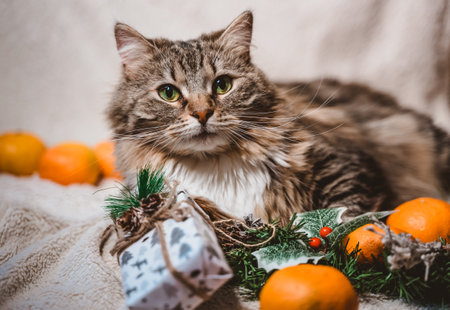 a considerate fluffy tabby cat lies on a Christmas white textured background with fir twigs, cones, holly leaves and berries, gifts and tangerinesの写真素材