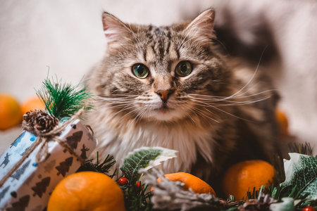 a beautiful fluffy striped cat lies on a Christmas white textured background with fir twigs, cones, holly leaves and berries, gifts and tangerinesの写真素材