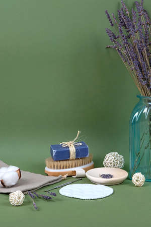 Beautiful, natural and zero waste composition of bathroom objects, reusable and linen baggie and...