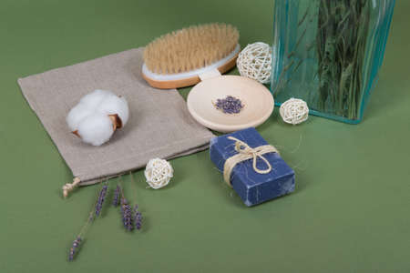 Beautiful, natural and zero waste composition of bathroom objects, reusable and linen baggie and...