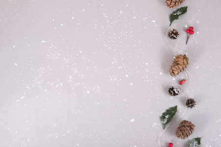 Forest pinecones, red berries and green leaves with garland in snow.の写真素材