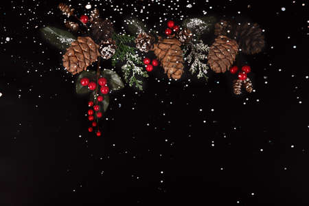 Golden garland, forest pinecones, red berries and green leaves on the black background in snow.