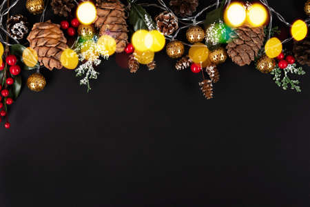 Golden garland, forest pinecones, red berries and green leaves in snow on the black background with multicoloured lights.の写真素材