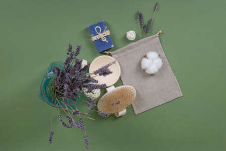 Beautiful, natural and zero waste composition of bathroom objects, reusable and linen baggie and lavender in a vase.の写真素材