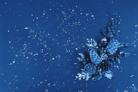 Garland, forest pinecones, berries and leaves in classic blue color of the year and snow.の写真素材
