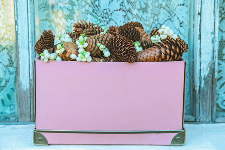 Beautiful New Year or Christmas background of the ideal pinecones in the box with the white berries on the cute country house window seat. The concept of the beginning of the winter celebrations.の写真素材
