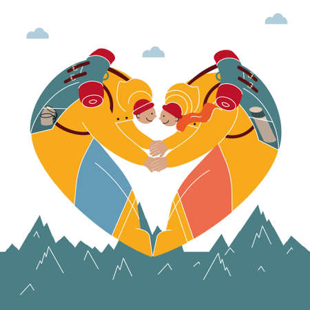 Hiker couple in the mountains with backpacksのイラスト素材