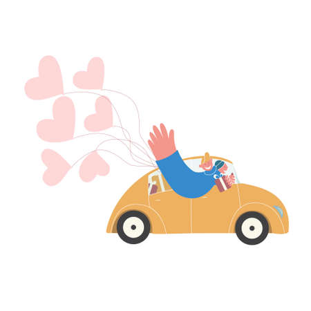 Vector flat illustration. Courier delivery gift boxes and balloons by retro car.のイラスト素材
