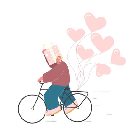 courier boy delivery present and balloons. Vector flat illustration.のイラスト素材