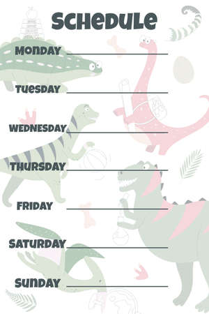Kids weekly planner with cute dinosaur. Back to school. Kids schedule design template. Vector illustration.のイラスト素材