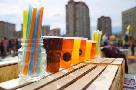 Quenching thirst and refreshing drinks. Cold lemonades. Lemonade Morse Berry Lemonade. Summer fruit drinks in plastic jugs. Lemonade Morse Compoteの写真素材
