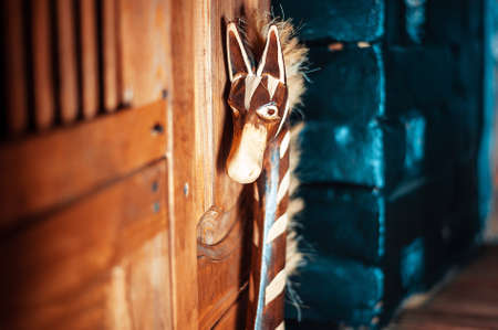 Giraffe made of wood. Wooden giraffe The decor. Giraffe head Statuette.の写真素材