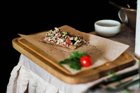 Salad on a tray. Delicious dinner.の写真素材