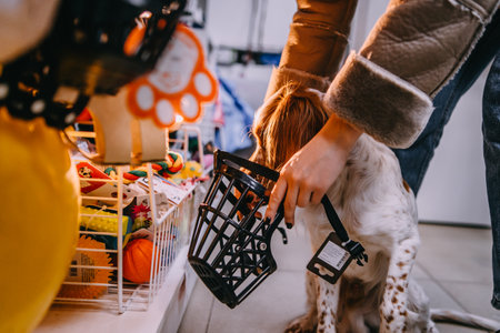 Choosing a muzzle for a dog in a pet store. Dog in a pet store. Buying a muzzle. Dog in a muzzle.の写真素材