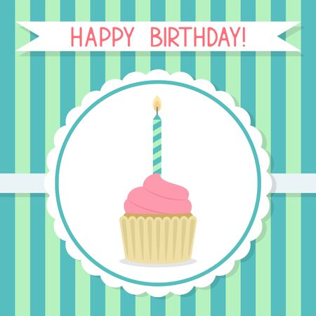 Birthday greeting card with cupcake and candle.  illustration.のイラスト素材