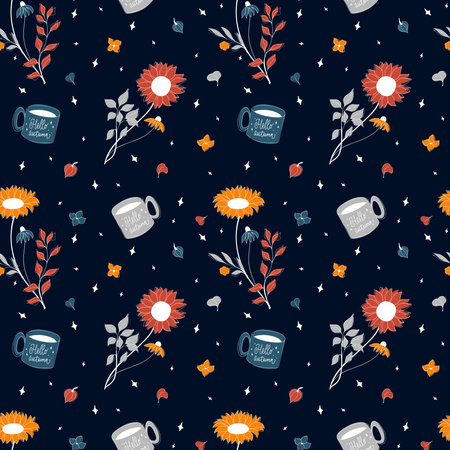 Vector seamless pattern of red, blue, orange, and grey autumn elements on dark blue background. Endless doodle ornament of sunflowers, flowers, branches, leaves, cups of tea. Seasonal ornamentのイラスト素材