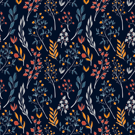 Vector seamless autumn pattern of cute tiny orange, red, blue, and grey branches stylized in a flat and doodle style in the dark background. Hand-drawn leaf texture. Background for textile wallpapers.のイラスト素材
