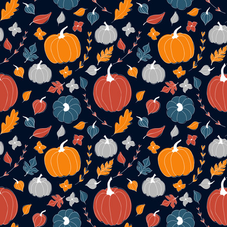 Vector seamless autumn pattern of orange, red, blue, and grey pumpkins and leaves stylized in a flat and doodle style in the dark background. Hand-drawn fall texture.Background for textile wallpapers.のイラスト素材