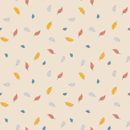 Vector seamless autumn pattern of orange, blue, red, and grey tiny leaves with black doodle outline on a light background. The endless backdrop for gift wrapping, scrapbooking, textile, wallpaper, and more. Vector illustrationのイラスト素材