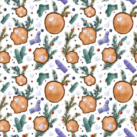 Seamless winter pattern with fir-tree branches, snowballs, Christmas toys, woodcut rings, knitted...