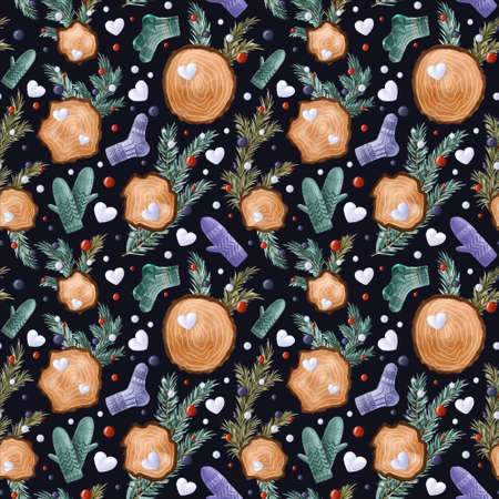 Seamless winter pattern with fir-tree branches, snowballs, Christmas toys, woodcut rings, knitted...