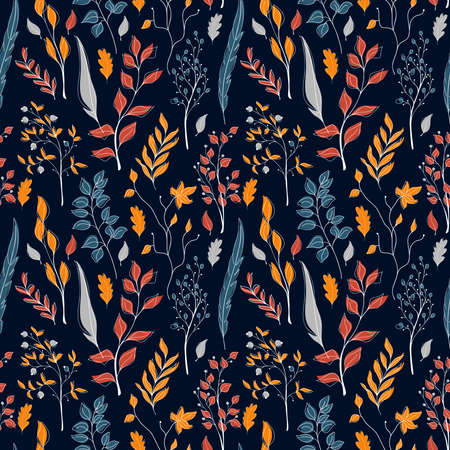 Vector seamless autumn pattern of orange, red, blue, and grey leaves and feathers stylized in a flat and doodle style in the dark background. Hand-drawn leaf texture.Background for textile wallpapers, scrapbooking, design, hobby, graphic art, printing, invitation. Vector illustration.のイラスト素材