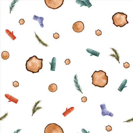 Seamless winter pattern with fir-tree branches, woodcut rings, knitted socks, and mittens on white background. Endless botanical background for wrapping paper, scrapbooking, gift wrapping, textile, decorations. Christmas and New Year illustration. High-quality illustration.の写真素材