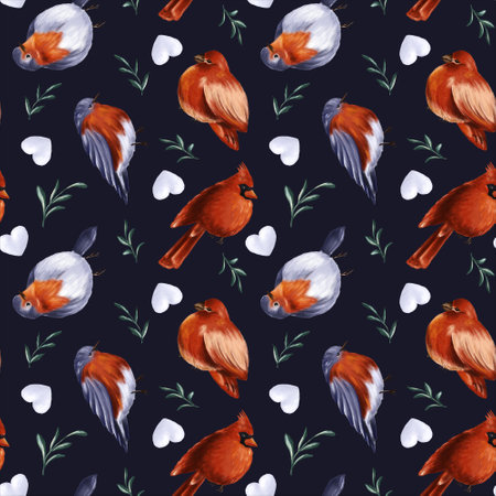 Seamless winter pattern with birds, heart-shaped snowball, mistletoe branches on black background. The endless backdrop for holiday decoration, gift wrapping, wallpaper, scrapbooking, textile, invitation. High-quality illustrationの写真素材