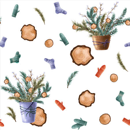 Seamless winter pattern with winter bouquets of fir-tree branches, twigs, and Christmas toys in buckets and baskets, knitwears, woodcut rings, and other winter elements on white background. Endless holiday background for wrapping paper, scrapbooking, gift wrapping, textile, decorations. Christmas and New Year illustration. High-quality illustration.の写真素材