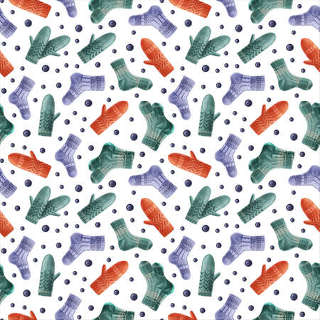 Seamless winter pattern with blue Christmas glass balls, knitted socks, and mittens on white background. Endless botanical background for wrapping paper, scrapbooking, gift wrapping, textile, decorations. Christmas and New Year illustration. High-quality illustration.の写真素材